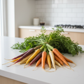 Rainbow carrots with leafy green tops in purple, orange, yellow and white on a bright kitchen bench
