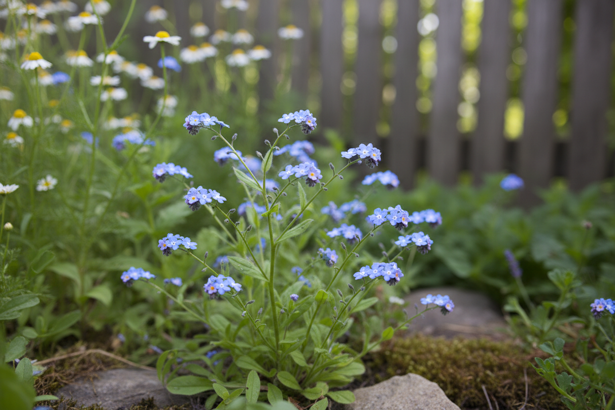 A single Myosotis alpestris Blue forget-me-not plant with naturally scattered tiny sky-blue flowers and yellow centres