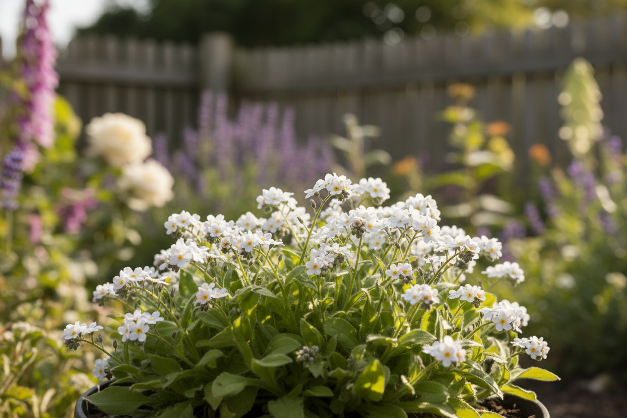 A single Myosotis alpestris White forget-me-not plant with naturally scattered tiny pure white flowers with yellow centres