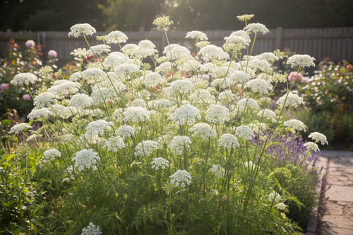Delicate lacy white umbels of Ammi majus Queen Anne's Lace floating on tall branching stems in a sunny cottage garden