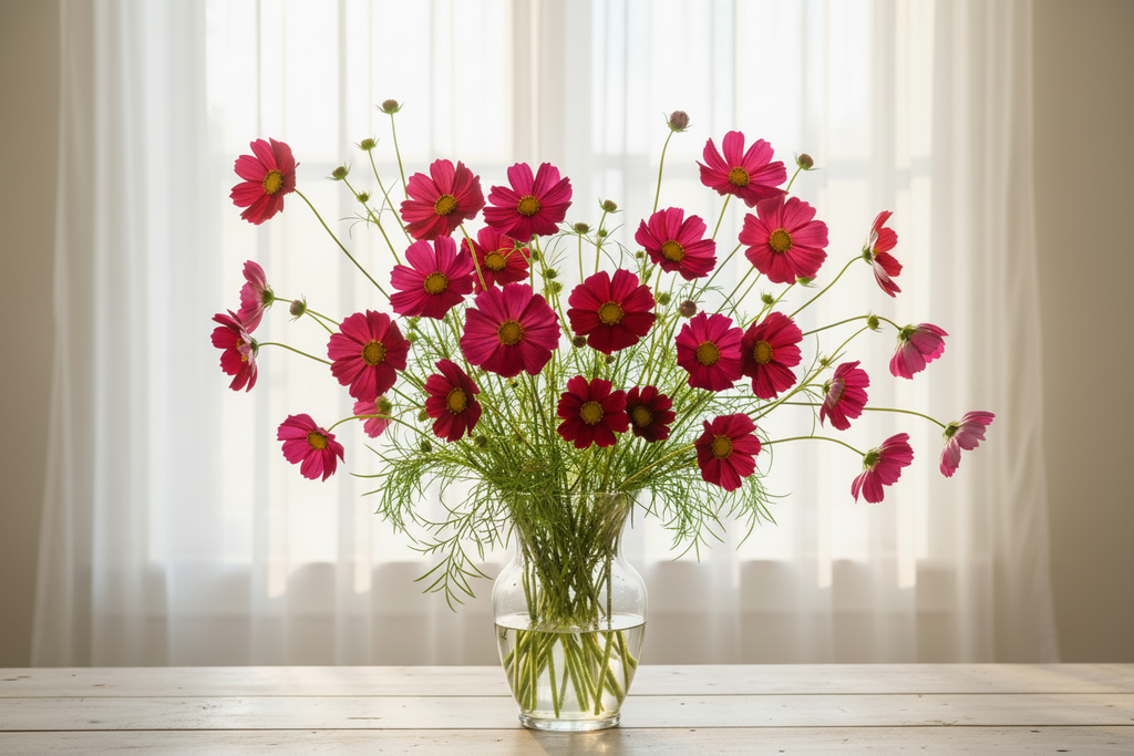 Cosmos bipinnatus Rubenza — deep ruby-red single blooms with buds and half-open flowers in a clear glass vase in front of a bright window