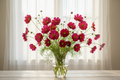 Cosmos bipinnatus Rubenza — deep ruby-red single blooms with buds and half-open flowers in a clear glass vase in front of a bright window