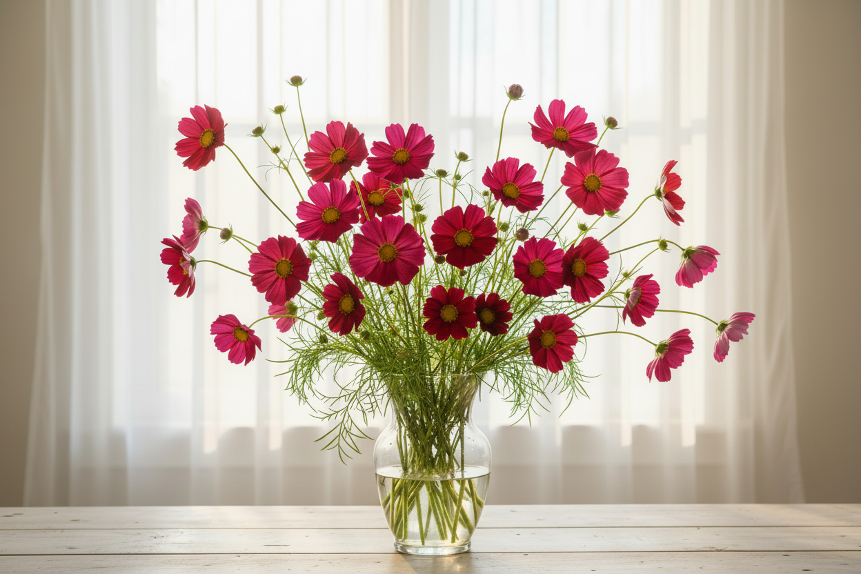 Cosmos bipinnatus Rubenza — deep ruby-red single blooms with buds and half-open flowers in a clear glass vase in front of a bright window