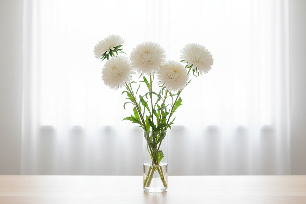 Callistephus chinensis China Aster King Size White — large pure white double blooms in a clear glass vase in front of bright white sheer curtains
