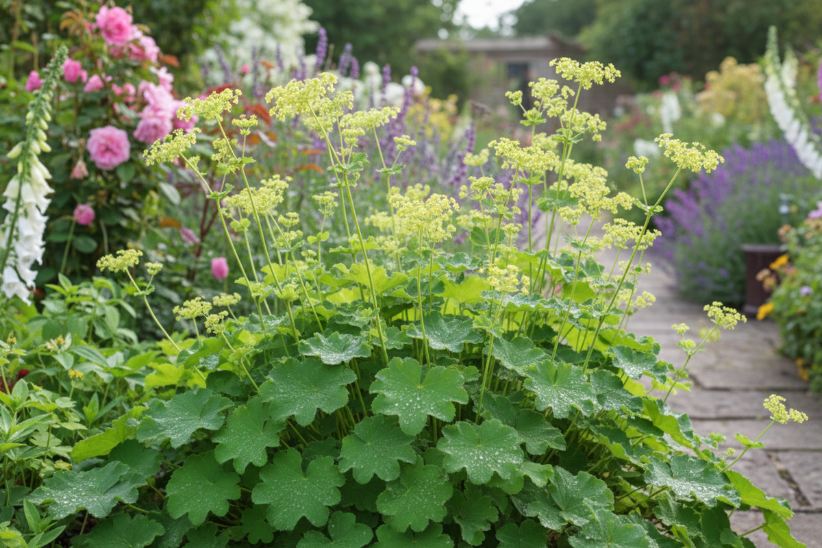 Lady's Mantle Thriller Alchemilla mollis showing elegant stems with frothy chartreuse flowers and dewdrop leaves