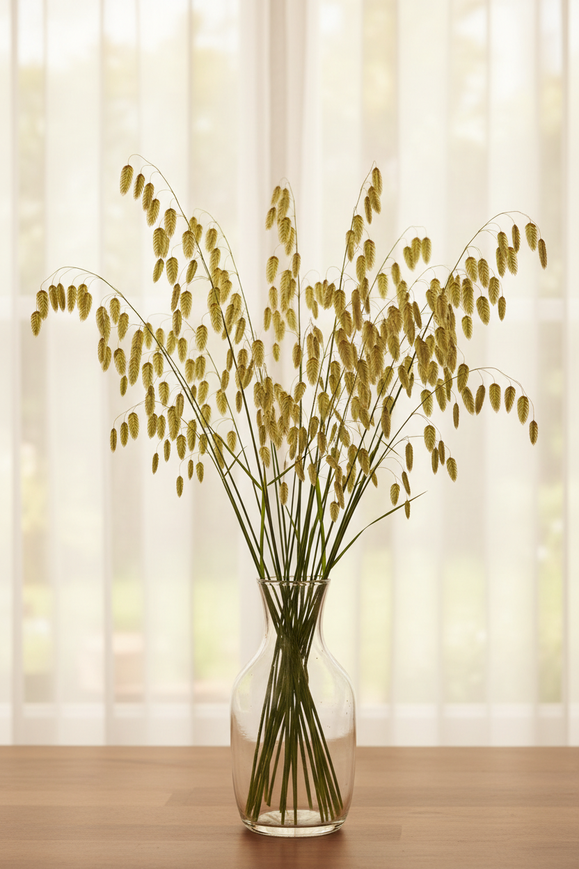 Briza maxima quaking grass seed heads, approximately 20 stems in a clear glass vase in front of a window with sheer curtains