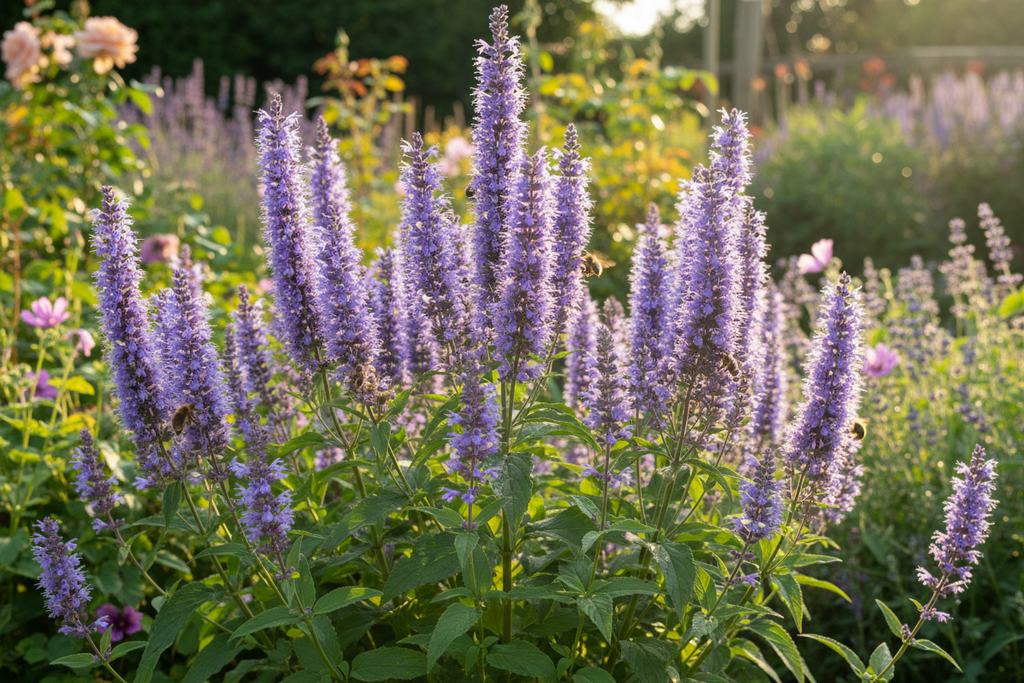 Tall violet-blue flower spikes of Agastache foeniculum Blue Hyssop with bees visiting in a sunny cottage garden
