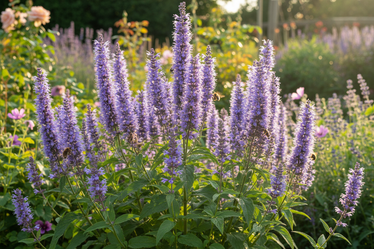 Tall violet-blue flower spikes of Agastache foeniculum Blue Hyssop with bees visiting in a sunny cottage garden