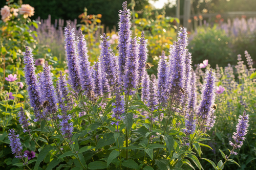 Tall violet-blue flower spikes of Agastache foeniculum Blue Hyssop with bees visiting in a sunny cottage garden
