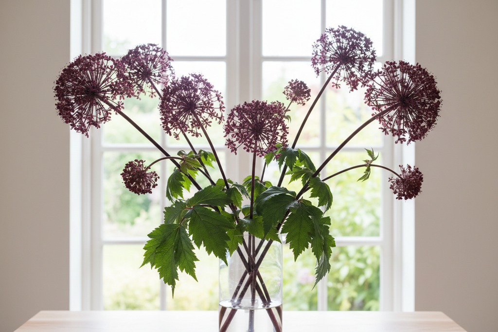 Angelica gigas — loose informal vase of tall dark burgundy-purple umbel flower heads on deep red-purple stems in bright natural window light