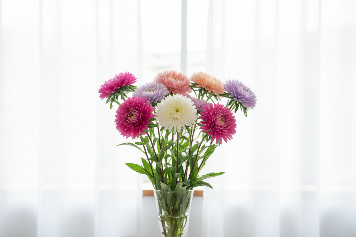 Callistephus chinensis Aster Bonita Mix — handful of double blooms in pink, rose, white, lavender and apricot in a clear glass vase in front of bright white sheer curtains