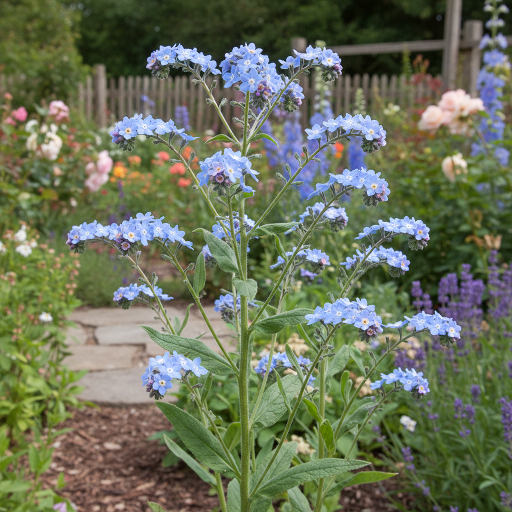 Cynoglossum amabile Blue Chinese Forget-me-not with vivid sky-blue funnel-shaped flowers on tall upright stems with grey-green hairy foliage