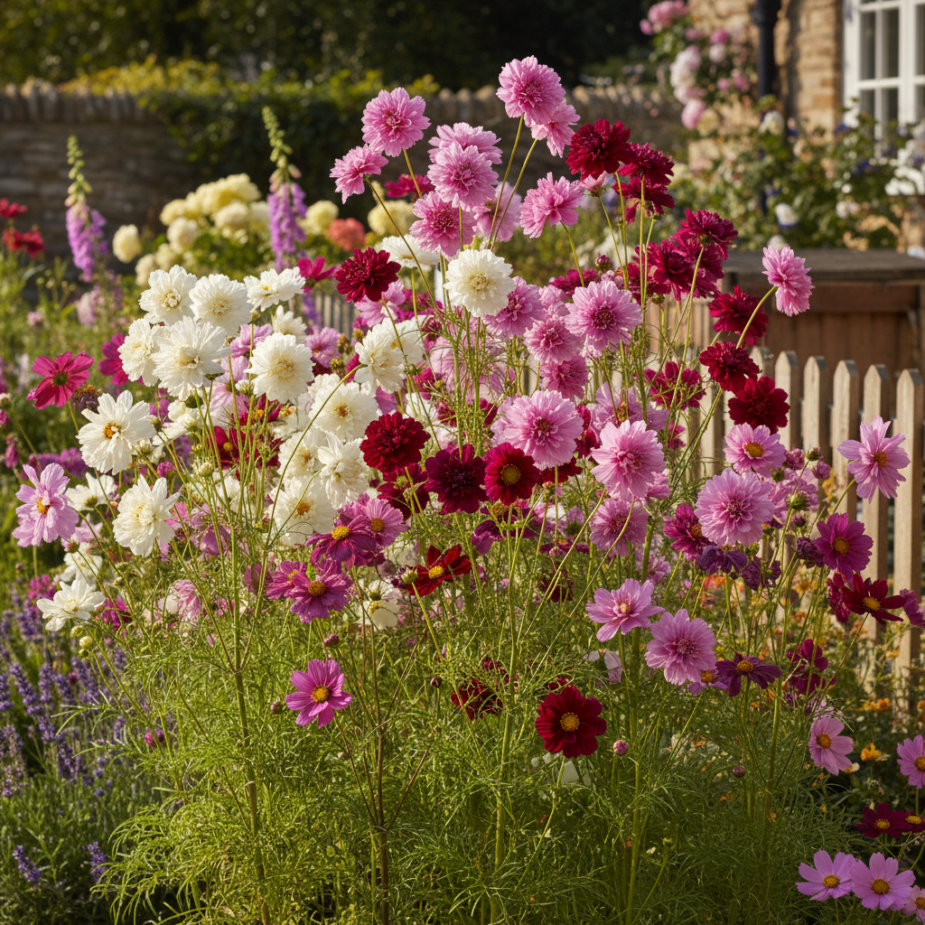 Cosmos bipinnatus Double Click Mix with double and semi-double blooms in white, pink, rose, crimson and violet in a cottage garden border