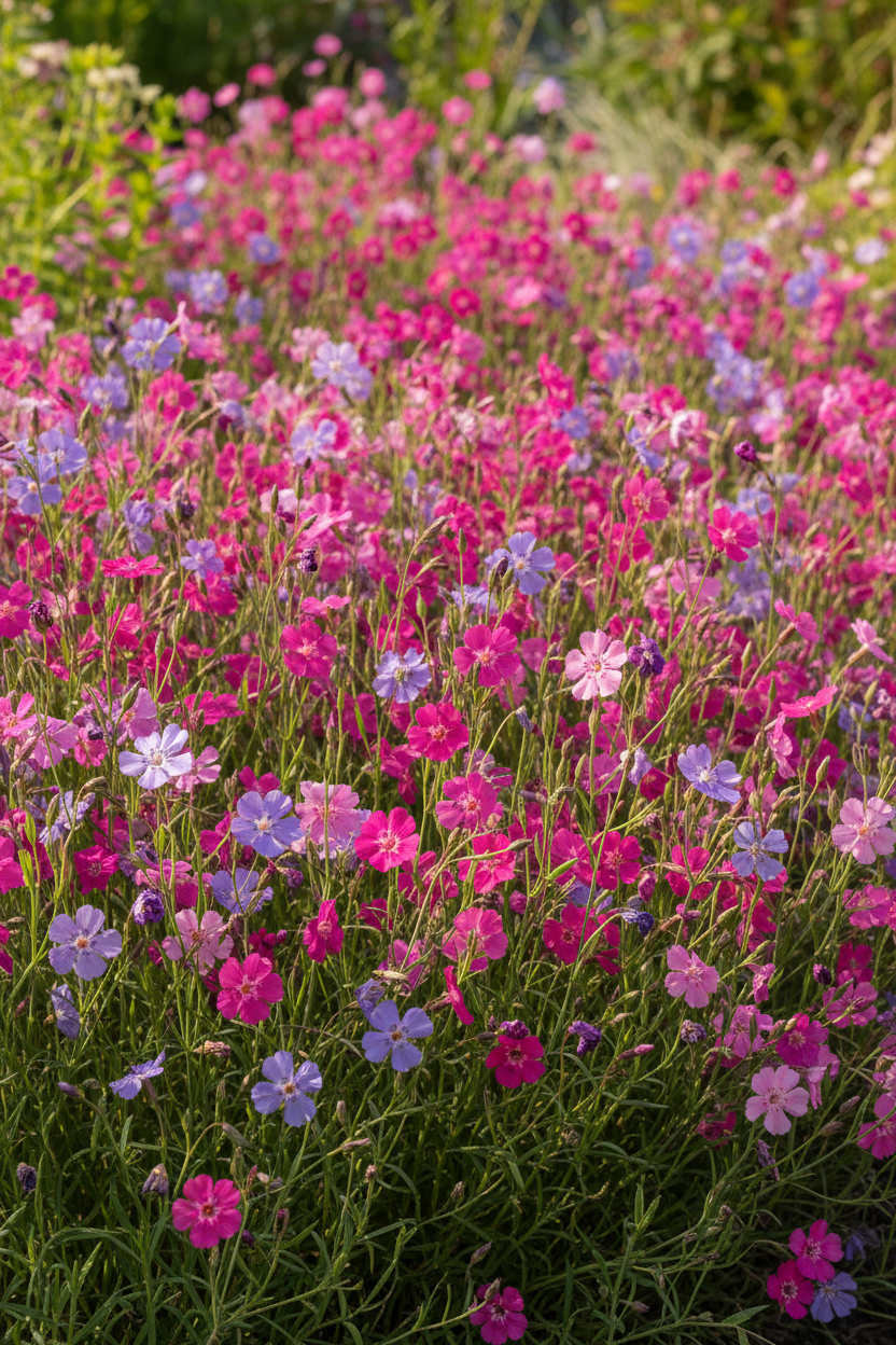 Viscaria oculata Summer Mix — dense drift of simple five-petalled flowers in hot pink, soft pink, rose, and lavender-blue on slender upright stems in a cottage garden border