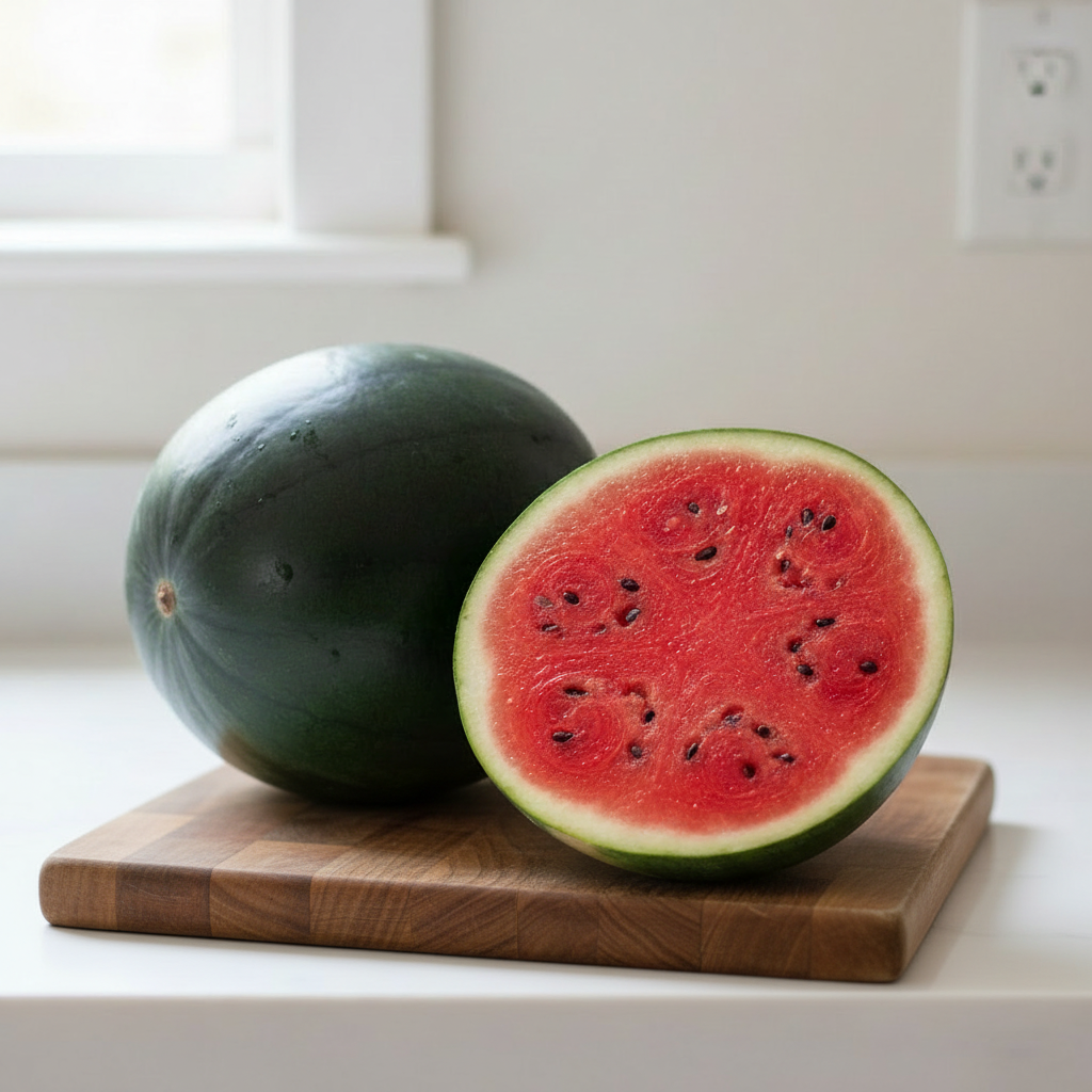 Whole and halved Sugar Baby watermelon with dark skin and vivid red flesh on a rustic wooden chopping board on a bright airy kitchen bench