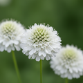 Scabiosa atropurpurea Snow Maiden — pure white pincushion flowers with outer florets open and centre in tight bud, close up