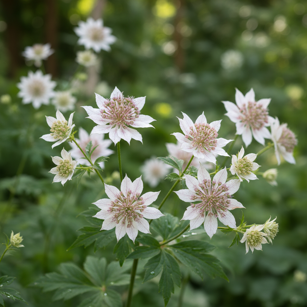 Astrantia major Masterwort flowers with intricate pincushion blooms in soft white, blush pink and dusky rose growing in a cottage garden