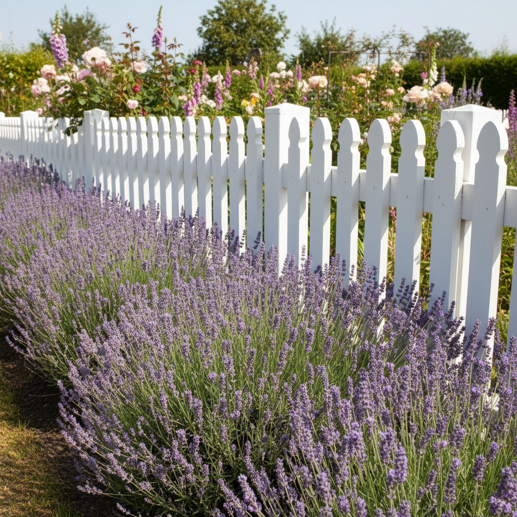 Short neat English lavender hedge with purple-blue blooms growing along a white picket fence in a cottage garden