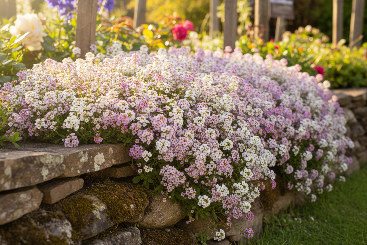 Low spreading mounds of Alyssum Painter's Mix in white, pink, lavender and purple spilling over a cottage garden border edge