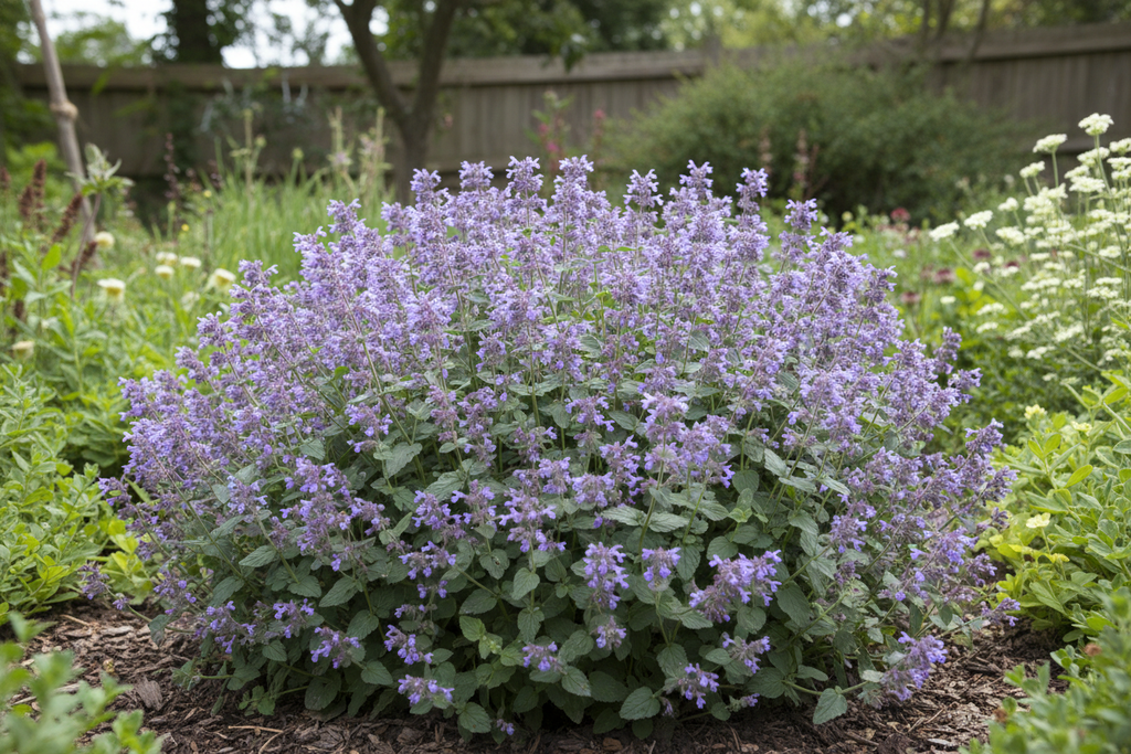 Nepeta mussinii Dwarf Blue Catmint forming a low compact mound covered in lavender-blue flower spikes in a garden border
