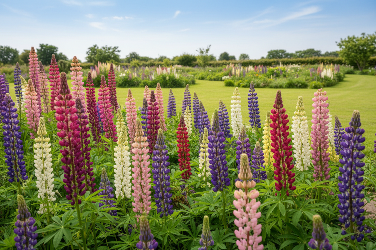 A riot of mixed lupin colours in a NZ garden border