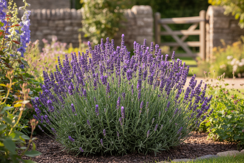 Lavender Hidcote — Lavandula angustifolia compact plant with deep violet-purple spikes