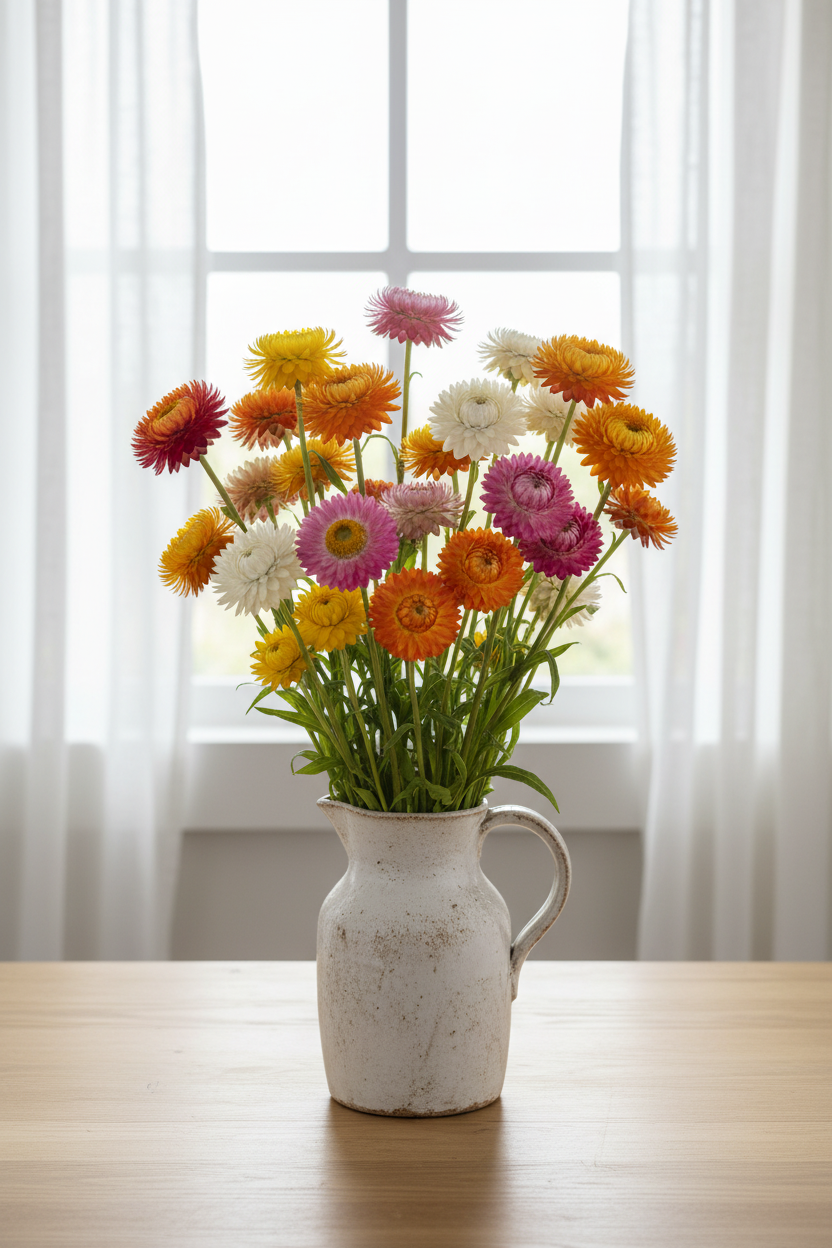 Helichrysum bracteatum Swiss Giants Mix strawflowers, 20 stems in a rustic white ceramic jug on a table in front of a bright window with loose white sheers, vibrant mix of red, orange, yellow, pink and white papery blooms