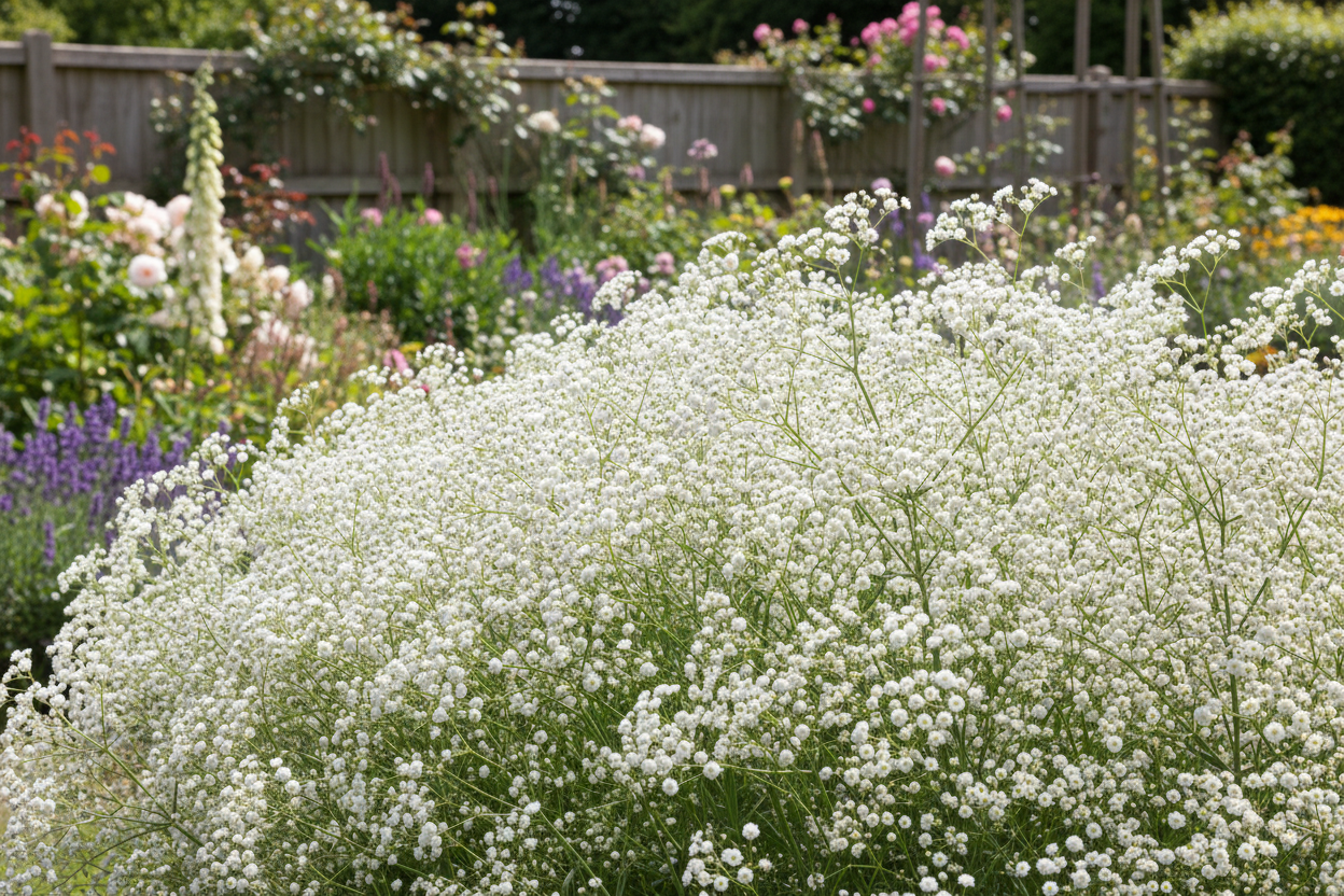 Gypsophila paniculata Baby's Breath growing in a sunny cottage garden, masses of tiny white flowers creating a billowing cloud-like effect