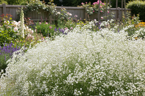 Gypsophila paniculata Baby's Breath growing in a sunny cottage garden, masses of tiny white flowers creating a billowing cloud-like effect