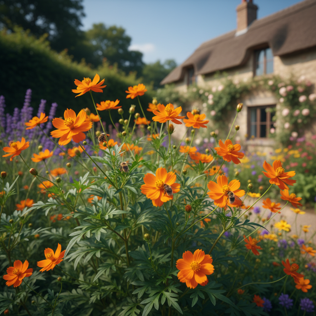 Cosmos sulphureus Orange with rich glowing orange semi-double blooms on a bushy compact plant in a sunny cottage garden border