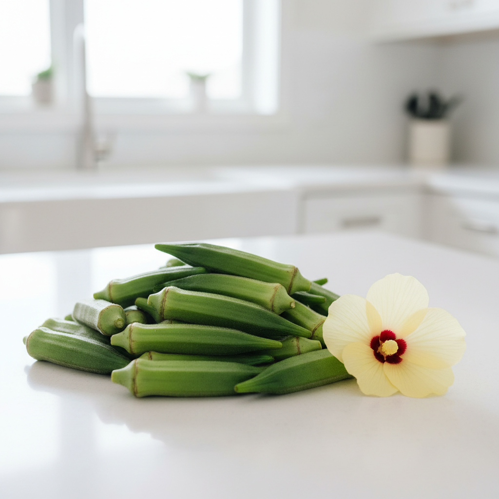 Fresh green okra pods and a creamy yellow okra flower on a white kitchen bench