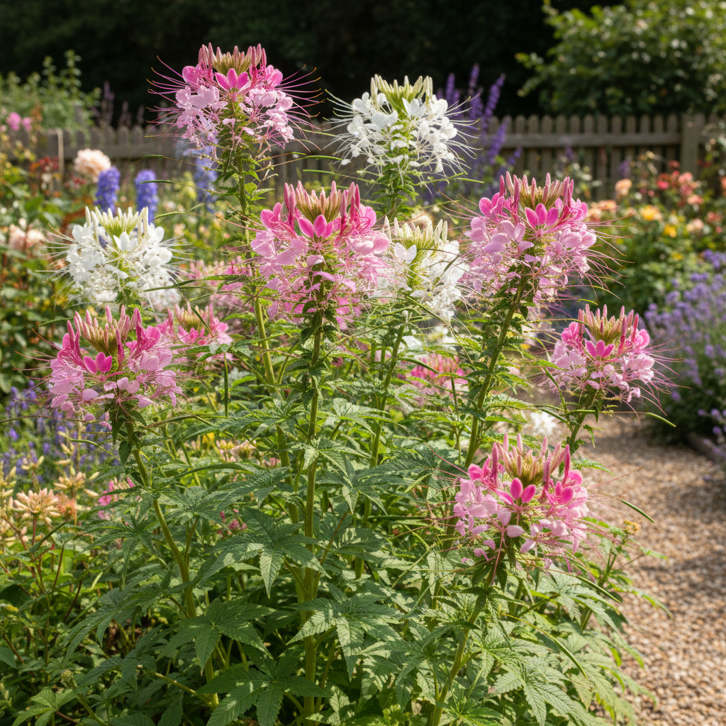 Cleome spinosa Spider Flower with tall spidery flower heads in light pink, hot pink and white growing in a cottage garden border