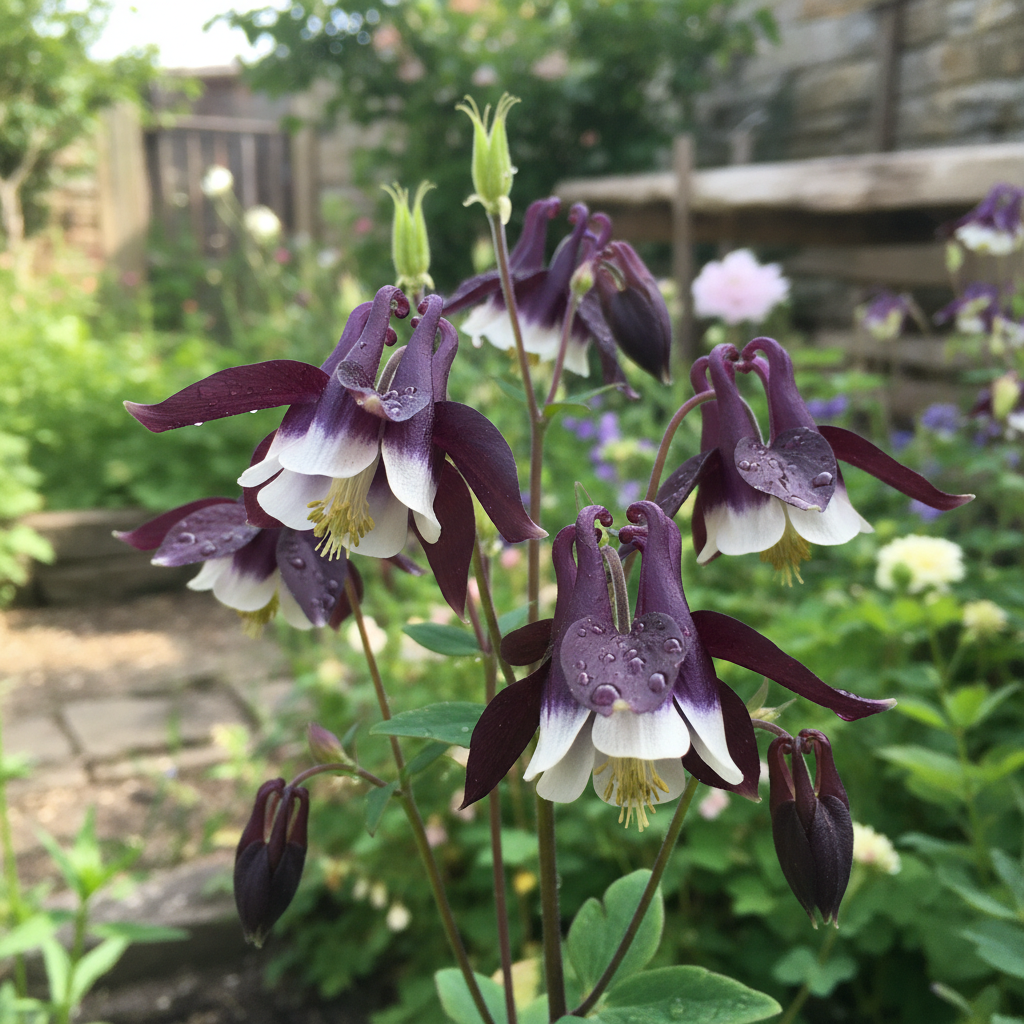 William Guiness Columbine flowers with deep purple-black petals and white inner skirts growing in a cottage garden