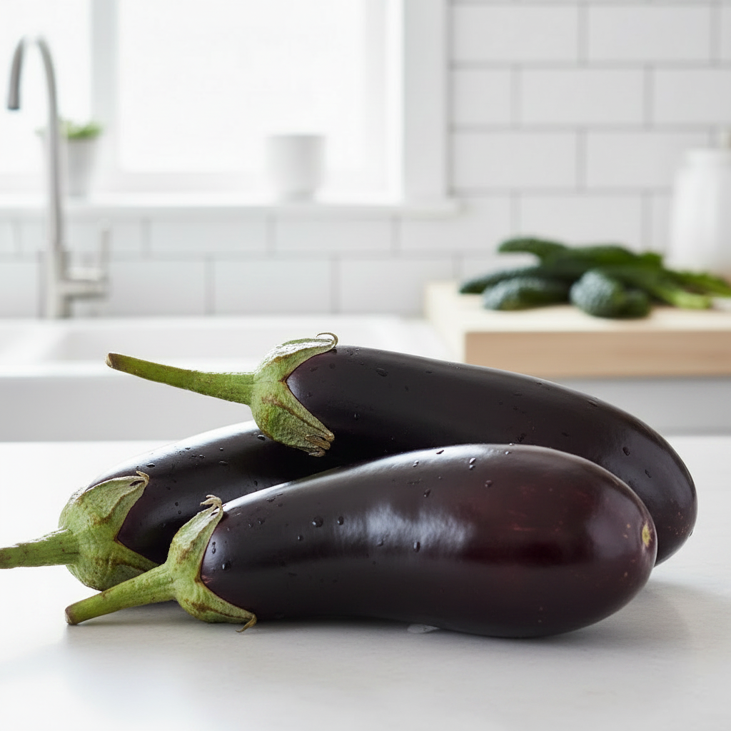 Classic deep purple glossy eggplants with green stems on a bright airy kitchen bench