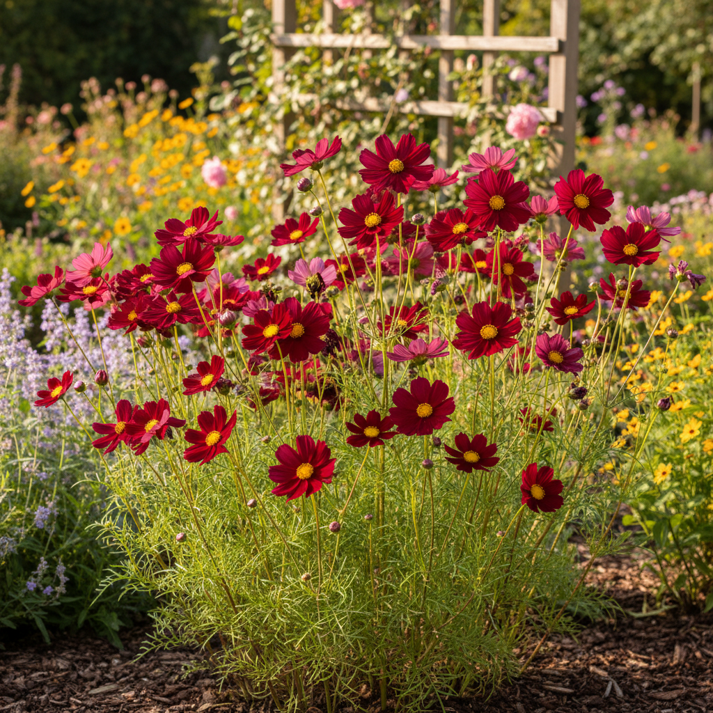 Cosmos bipinnatus Rubenza with deep ruby-red and dark crimson blooms on long stems with feathery green foliage in a cottage garden