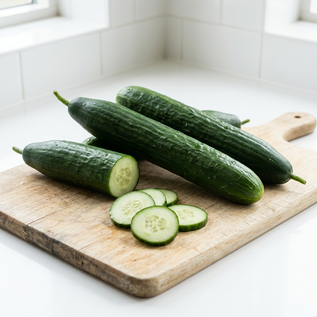 Whole green cucumbers and fresh cucumber slices on a pale wooden board in a bright white kitchen
