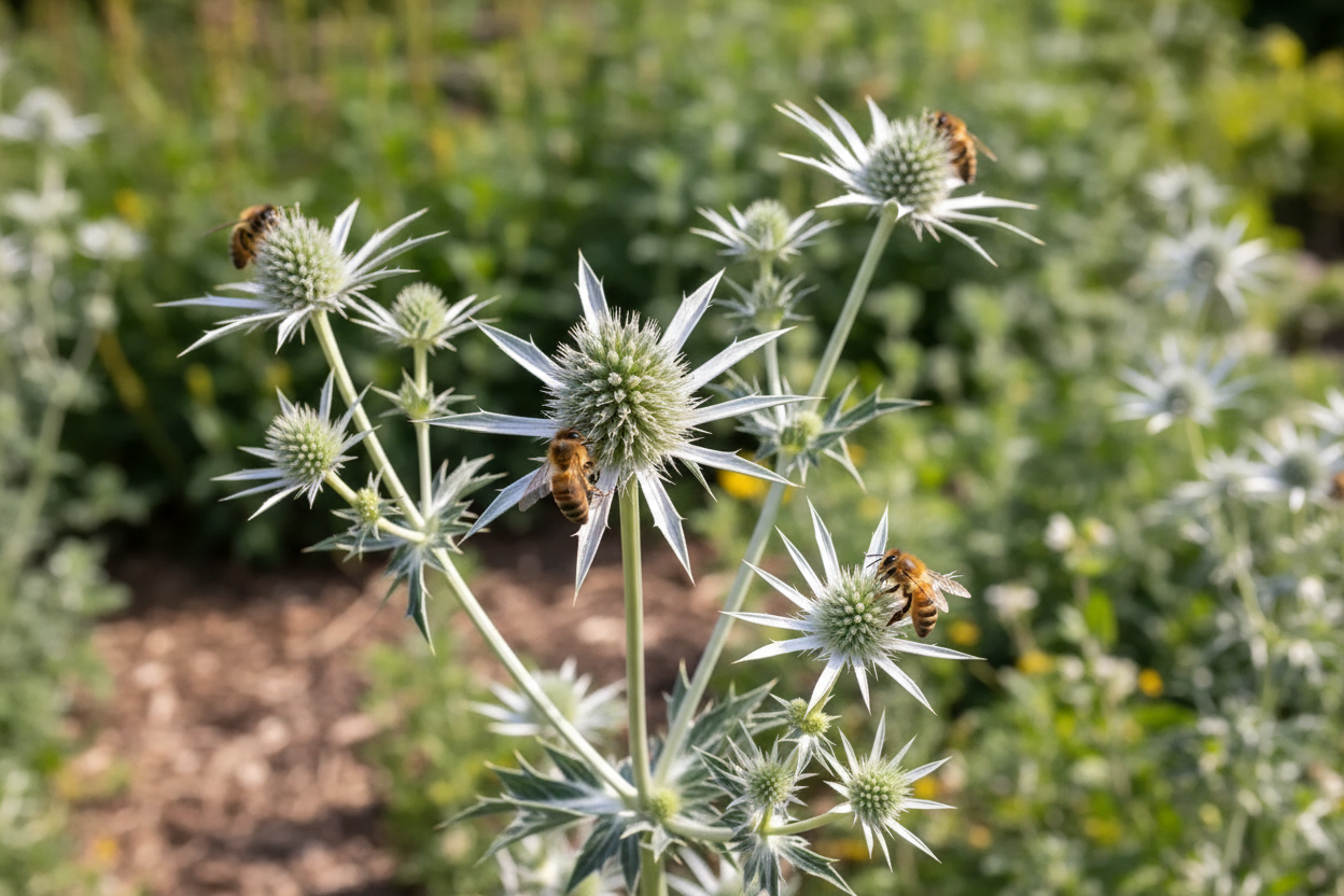 Eryngium planum Silver Salentino sea holly growing in a cottage garden, 5 plants with honey bees visiting the silvery-white flower heads