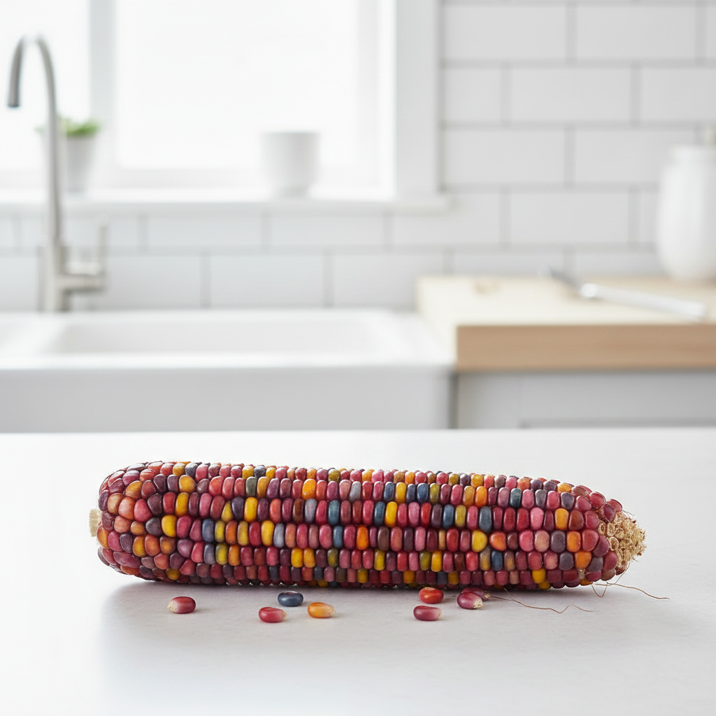Glass Gem corn cob with jewel-like rainbow kernels in pink, purple, blue, red, orange and yellow on a bright airy kitchen bench