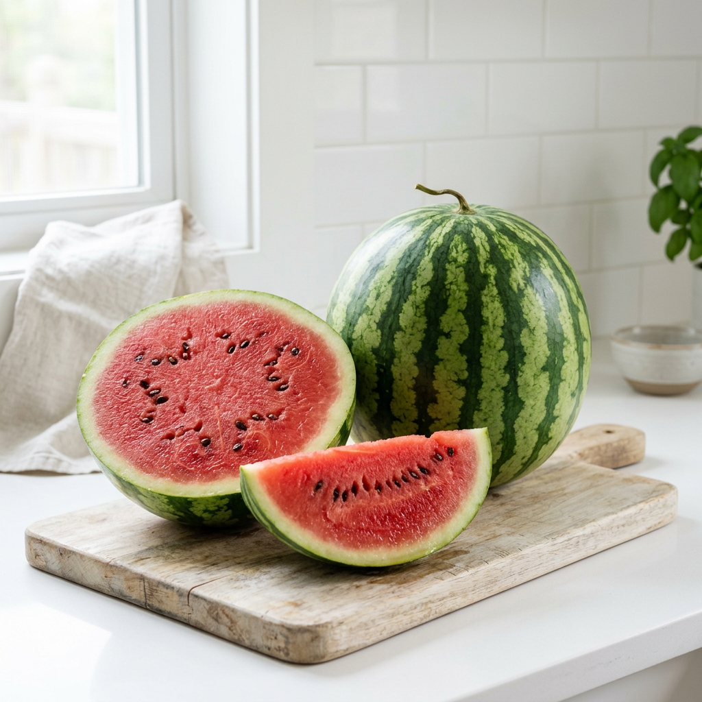 Red-fleshed watermelon half and wedge beside a whole watermelon in a bright white kitchen