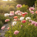 Shirley Poppy Mother of Pearl – silky dusty pink, mauve, blush and smoky red blooms in a cottage garden