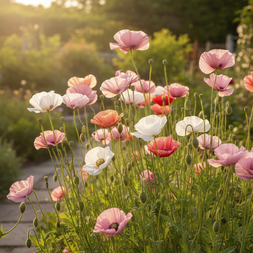 Shirley Poppy Mother of Pearl – silky dusty pink, mauve, blush and smoky red blooms in a cottage garden