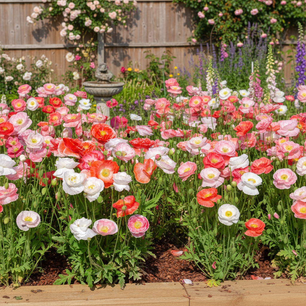 Shirley Poppy Falling in Love – mixed pink, coral and orangey-red blooms in a cottage garden