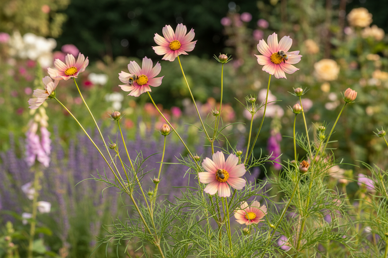 Cosmos bipinnatus Apricot Lemonade — airy open clump of plants in a cottage garden border with sparse apricot-lemon single blooms and fine feathery foliage