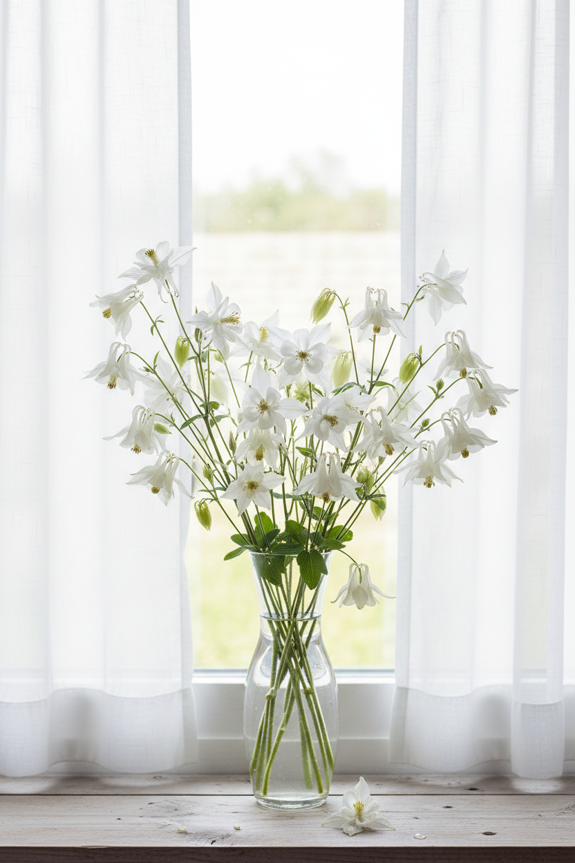 Pure white Aquilegia caerulea Crystal White Star columbine flowers with elegant spurs in a clear glass vase, softly backlit through closed white sheer curtains