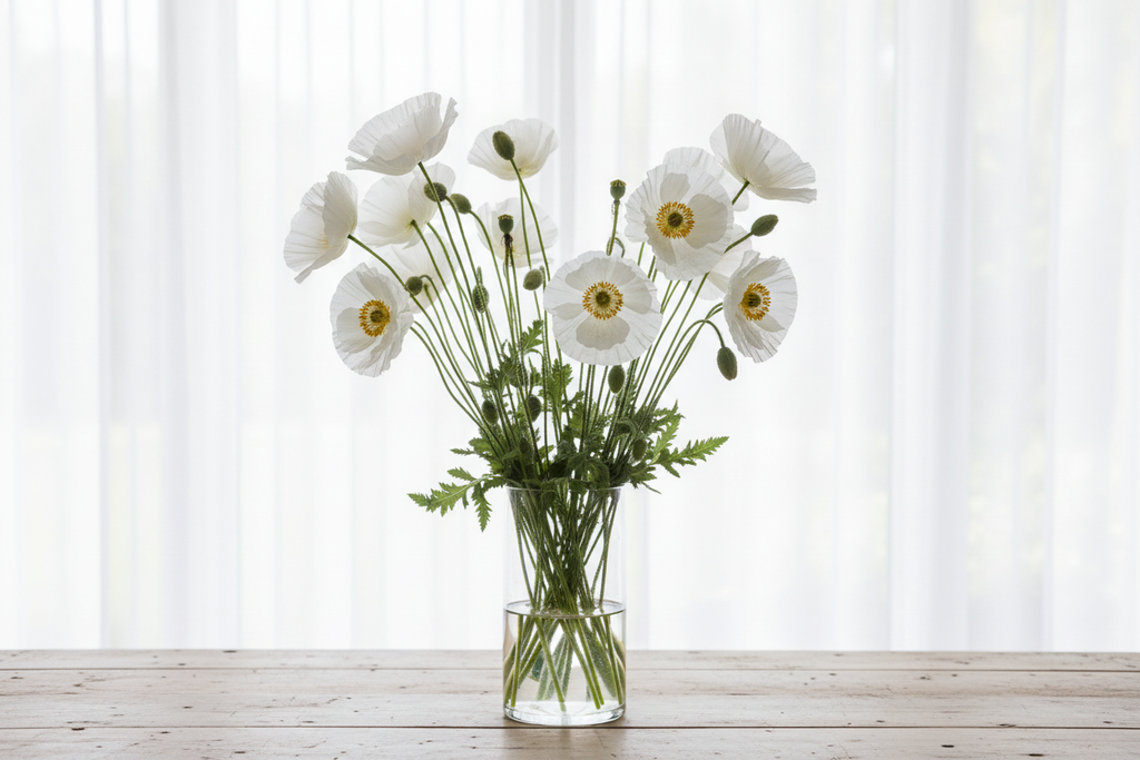 Papaver rhoeas Bridal Silk — pure white bowl-shaped poppy blooms with yellow stamens in a clear glass vase in front of a bright window with white sheers closed