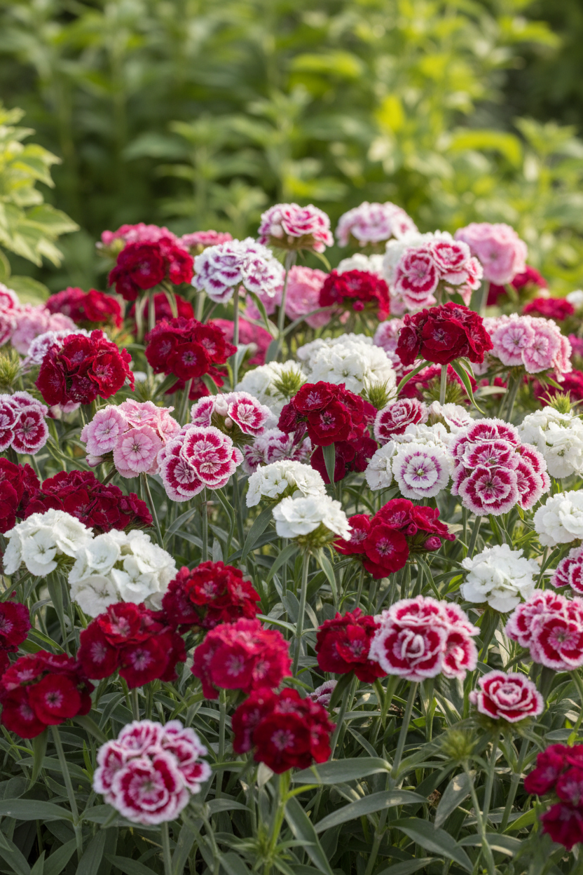 Sweet William Mix — Dianthus barbatus, dense clusters of mixed coloured fragrant flowers in a cottage garden