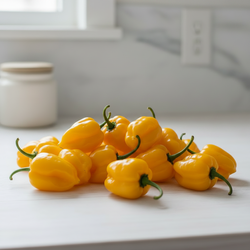 Fresh yellow habanero chillies piled abundantly on a bright kitchen bench