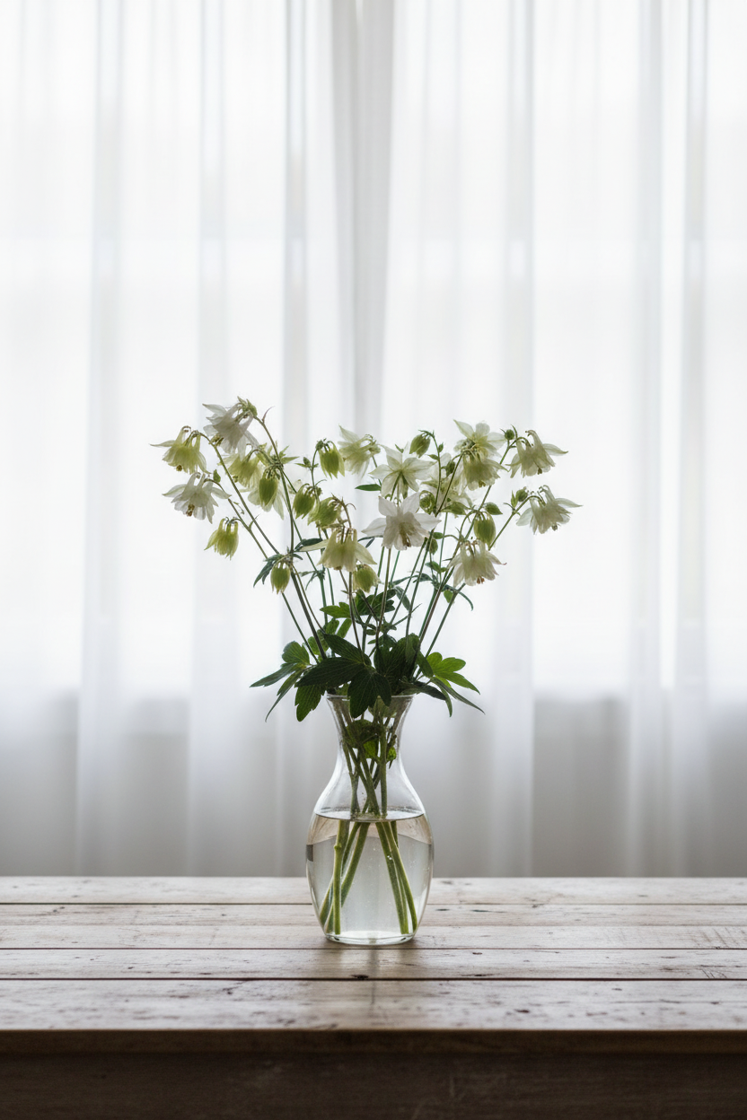Aquilegia vulgaris Lime Sorbet with creamy white and lime-green double spurless blooms and delicate blue-green foliage in a clear glass vase with soft backlit white sheers
