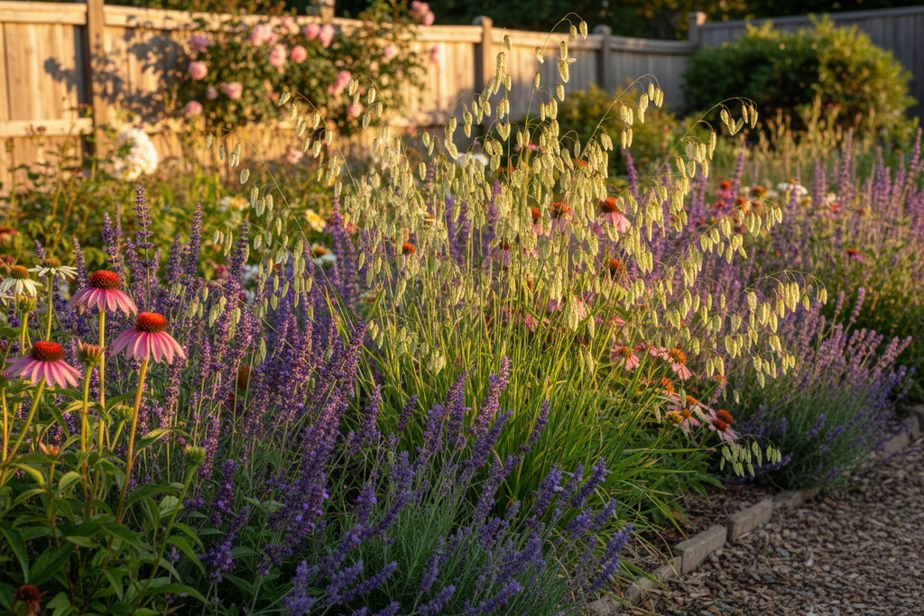 Briza maxima quaking grass growing naturally in a cottage garden border alongside dry-loving plants