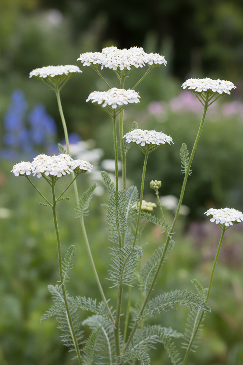 Achillea millefolium white yarrow — a few tall upright stems with flat-topped clusters of tiny crisp white flowers and feathery grey-green ferny foliage